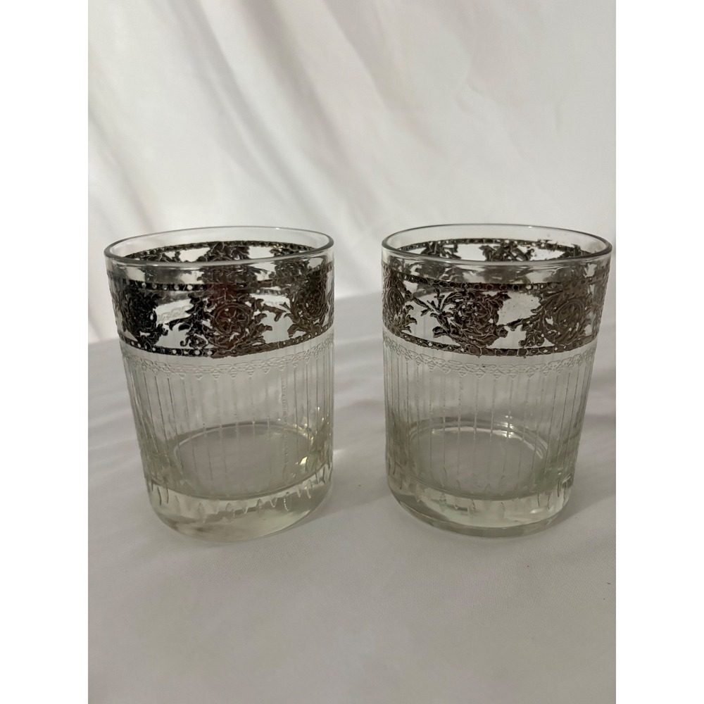 Vintage Silver Rim Floral Rose Lowball Glasses Set of 2 Ribbed Juice Tumblers